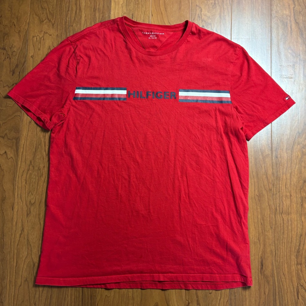 Tommy Hilfiger Mens Red Chest Stripe Graphic Logo T-Shirt Size XL